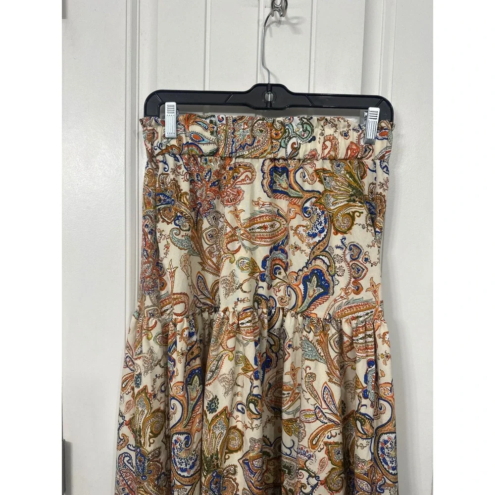 Paisley Tiered Maxi Skirt Womens Medium Boho Earthy Whimsy Elastic Waist Cream